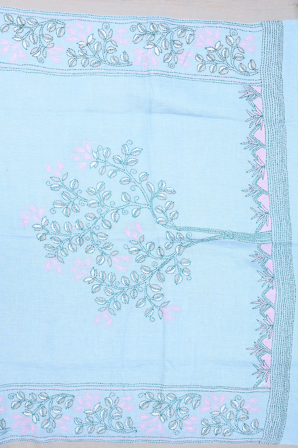 Linen Saree In Plain Pastel Blue With Embroidered Border
