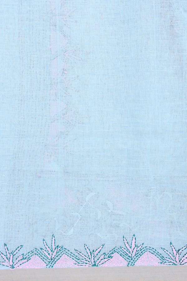 Linen Saree In Plain Pastel Blue With Embroidered Border