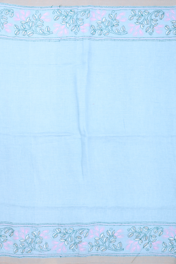 Linen Saree In Plain Pastel Blue With Embroidered Border