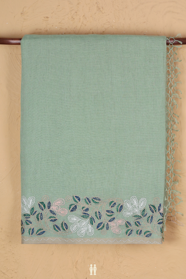 Linen Saree In Plain Dusty Green With Embroidered Border