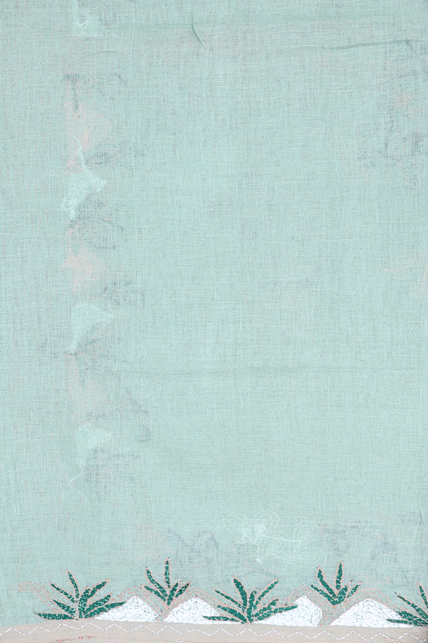Linen Saree In Plain Dusty Green With Embroidered Border