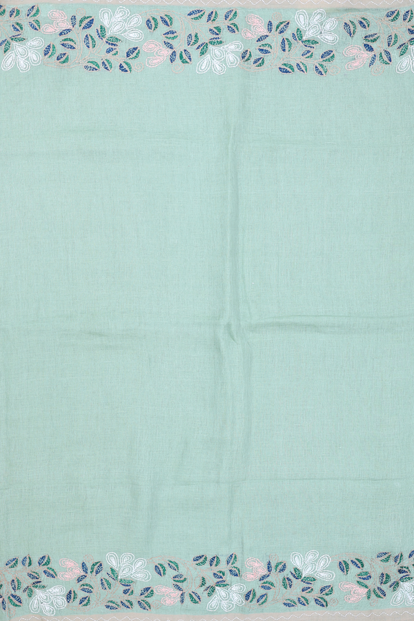 Linen Saree In Plain Dusty Green With Embroidered Border
