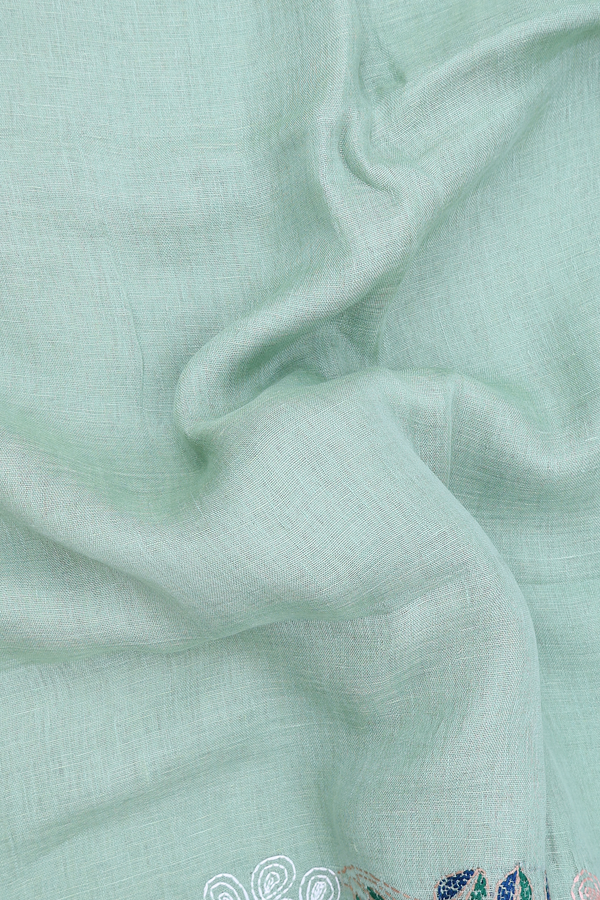 Linen Saree In Plain Dusty Green With Embroidered Border