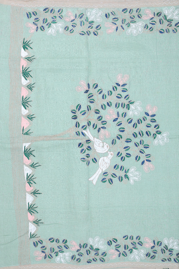 Linen Saree In Plain Dusty Green With Embroidered Border
