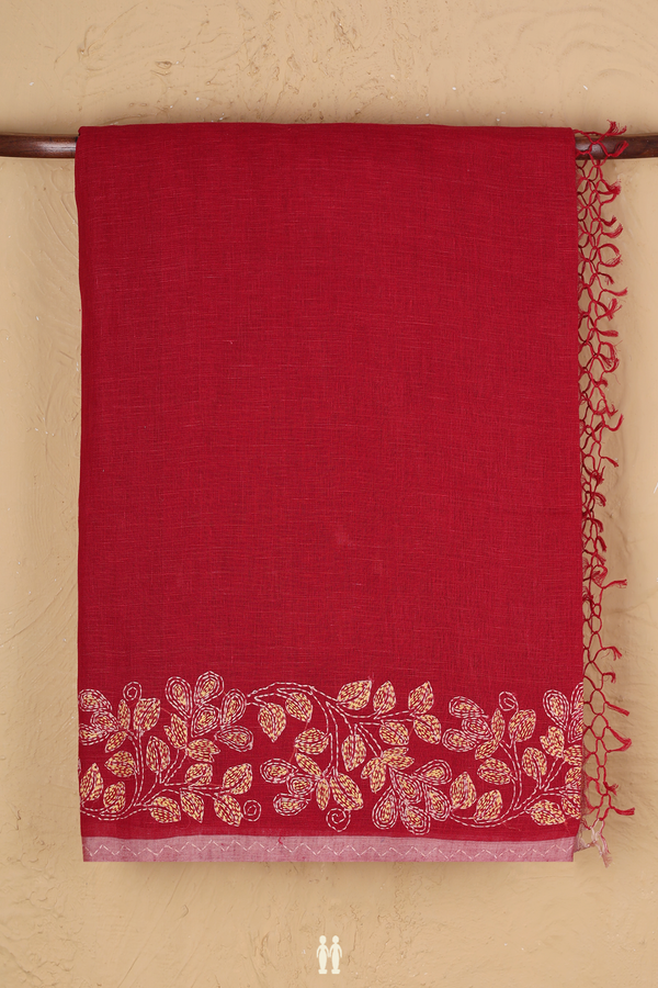 Linen Saree In Crimson Red With Embroidered Border