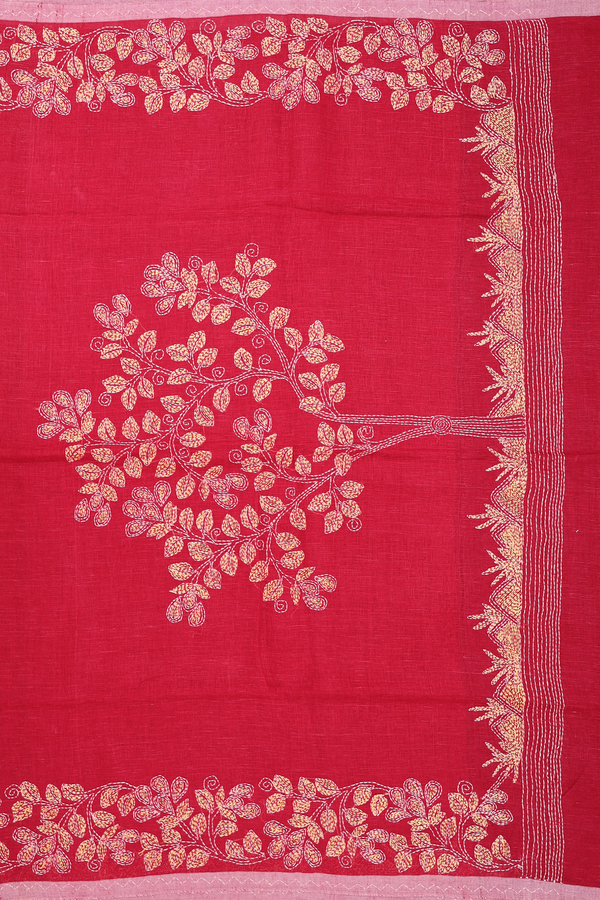 Linen Saree In Crimson Red With Embroidered Border