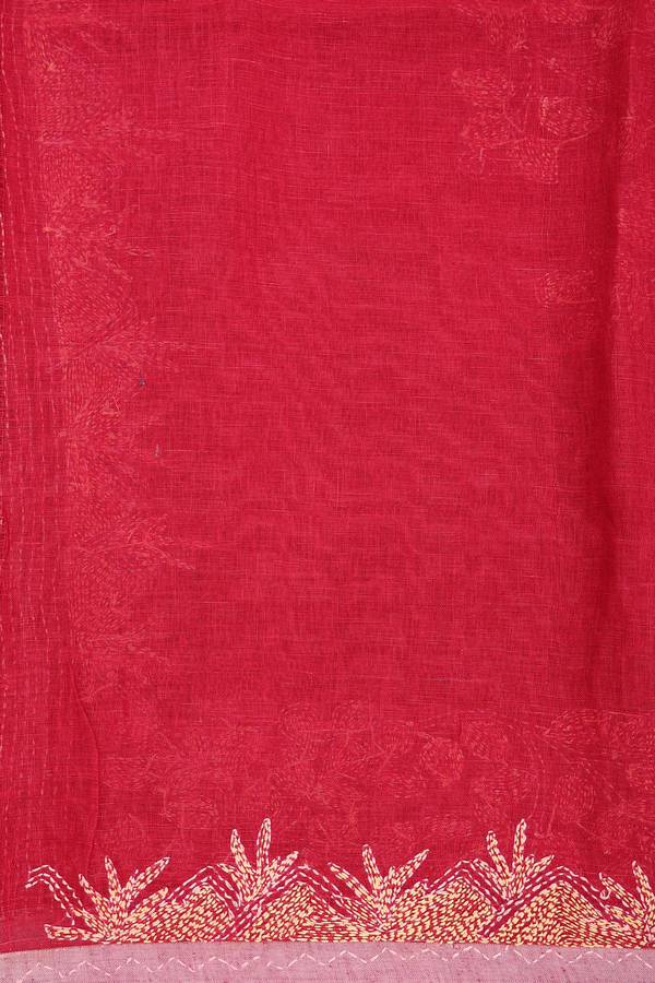 Linen Saree In Crimson Red With Embroidered Border