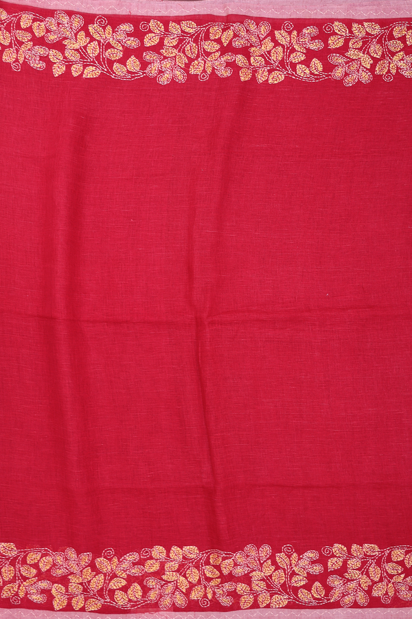 Linen Saree In Crimson Red With Embroidered Border