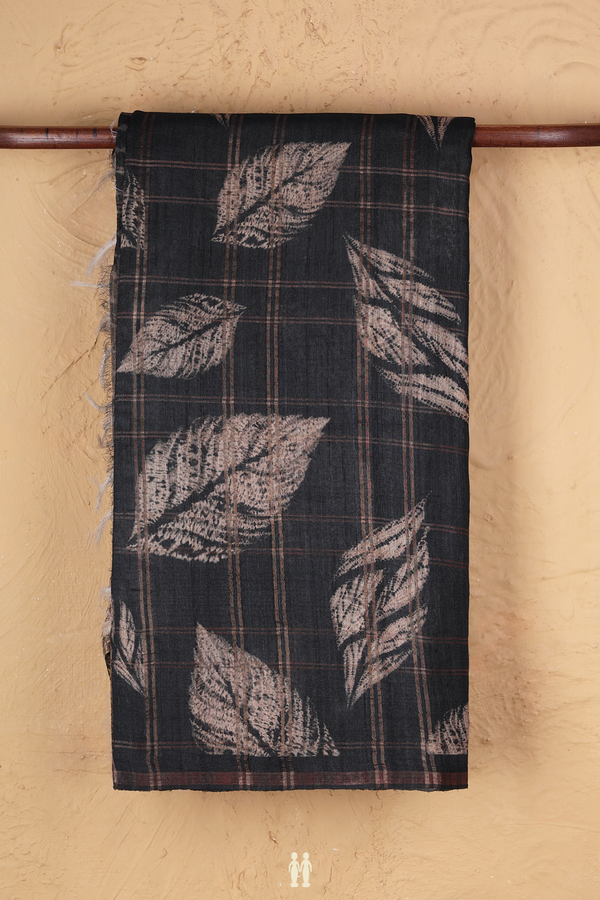 Tussar Silk Saree In Black With Leaf Printed Design
