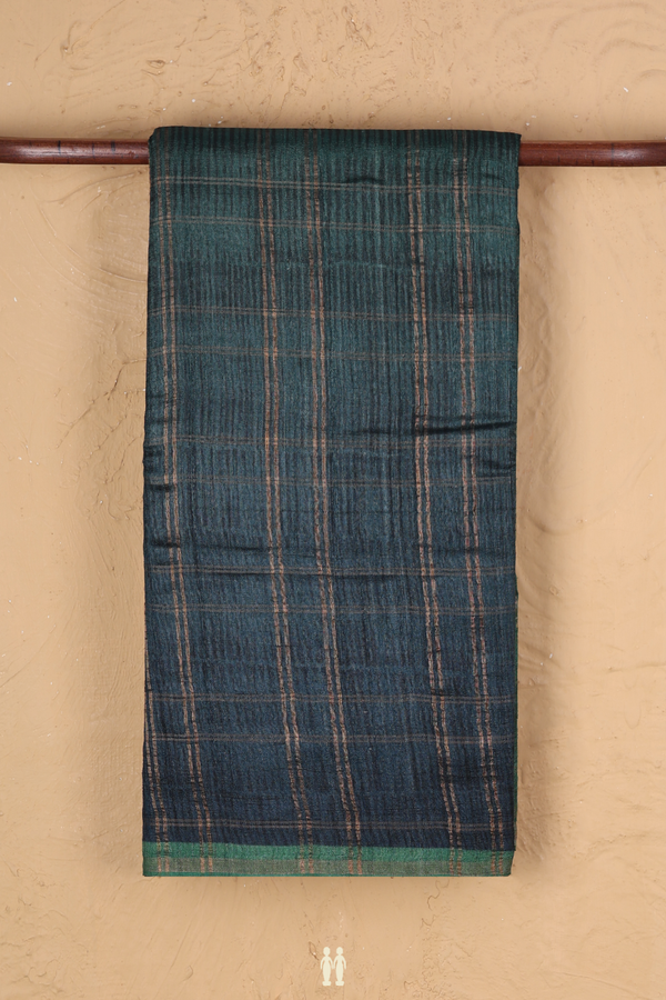 Tussar Silk Saree In Green And Blue With Checks Design