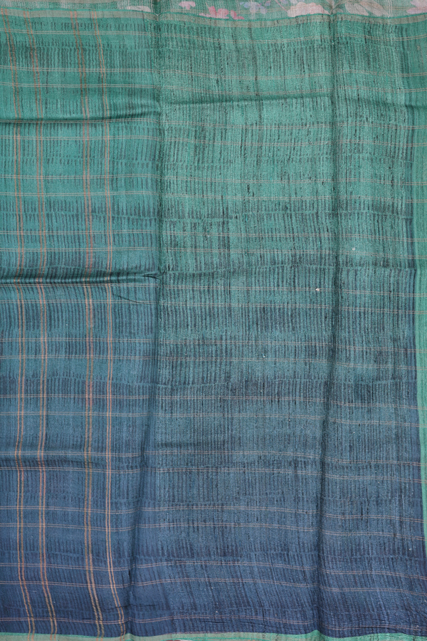 Tussar Silk Saree In Green And Blue With Checks Design