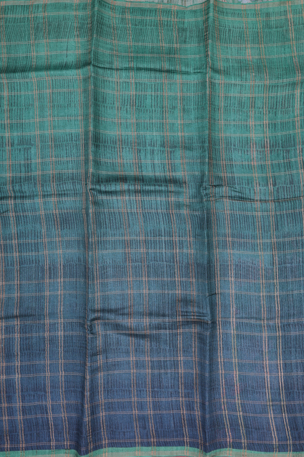 Tussar Silk Saree In Green And Blue With Checks Design