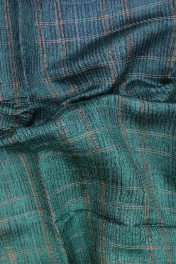 Tussar Silk Saree In Green And Blue With Checks Design