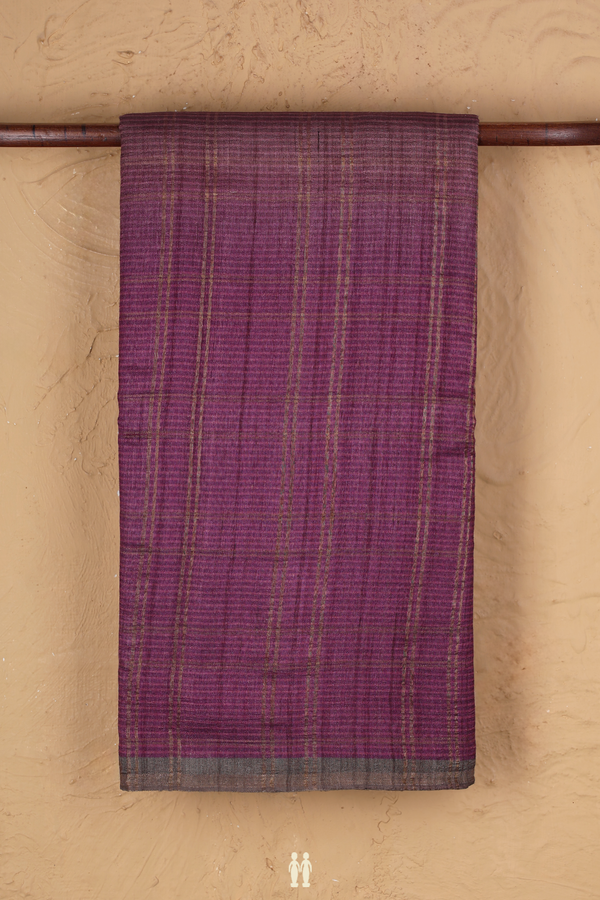 Tussar Silk Saree In Purple And Brown With Checks Design