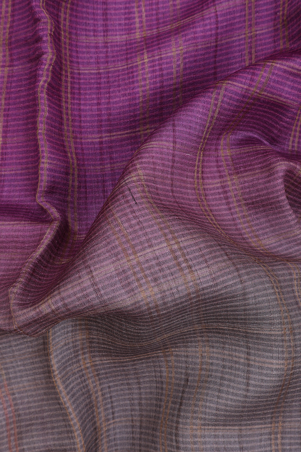Tussar Silk Saree In Purple And Brown With Checks Design