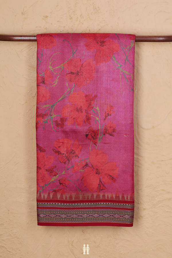 Tussar Silk Saree In Dark Pink With Floral Design