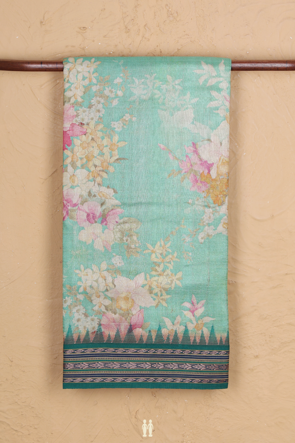 Tussar Silk Saree In Green With Floral Printed Design