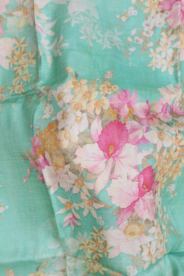 Tussar Silk Saree In Green With Floral Printed Design