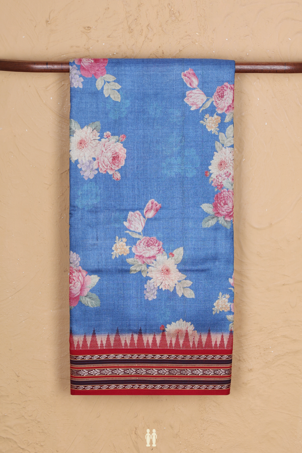 Tussar Silk Saree In Blue With Floral Printed Design