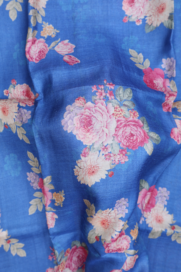 Tussar Silk Saree In Blue With Floral Printed Design