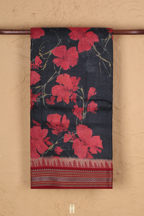 Tussar Silk Saree In Black With Floral Design