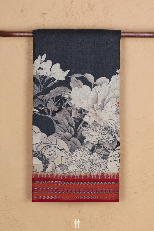 Tussar Silk Saree In Oxford Blue With Floral Design