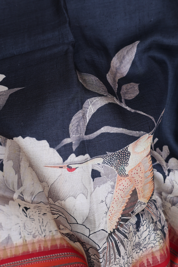 Tussar Silk Saree In Oxford Blue With Floral Design