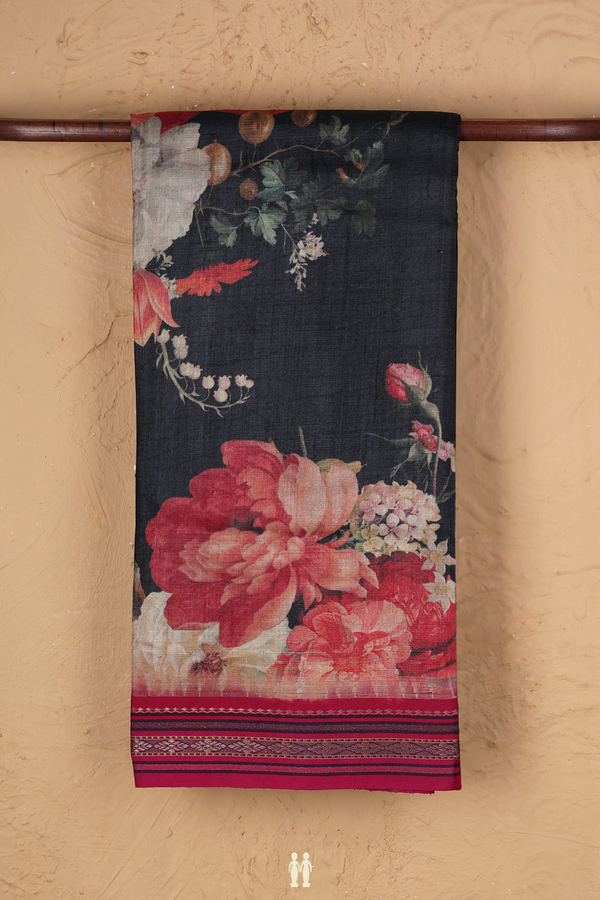 Tussar Silk Saree In Black With Floral Printed Design