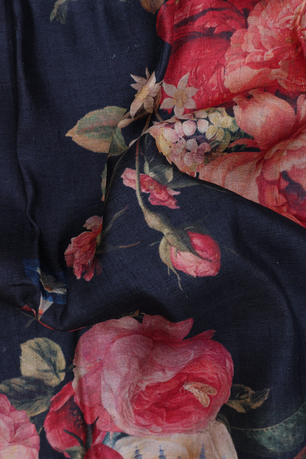 Tussar Silk Saree In Black With Floral Printed Design