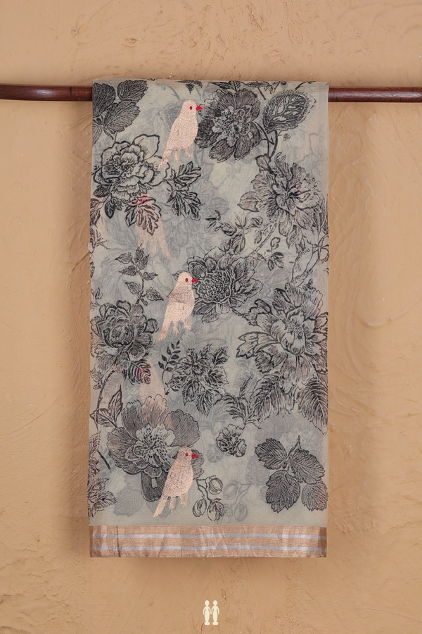 Organza Silk Saree In Cream Color With Floral Design