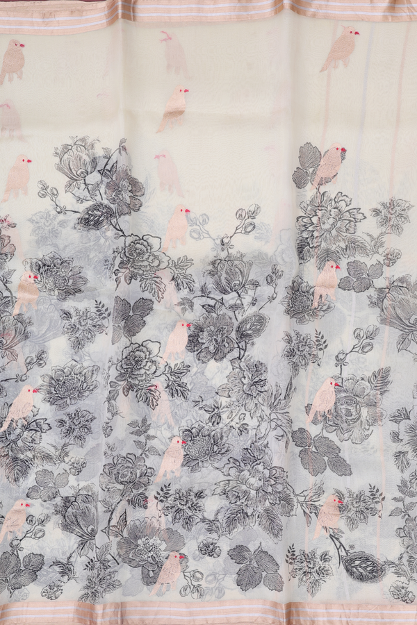 Organza Silk Saree In Cream Color With Floral Design