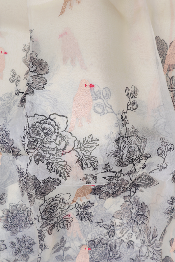 Organza Silk Saree In Cream Color With Floral Design