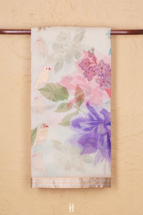 Organza Silk Saree In Off White With Bird Motifs