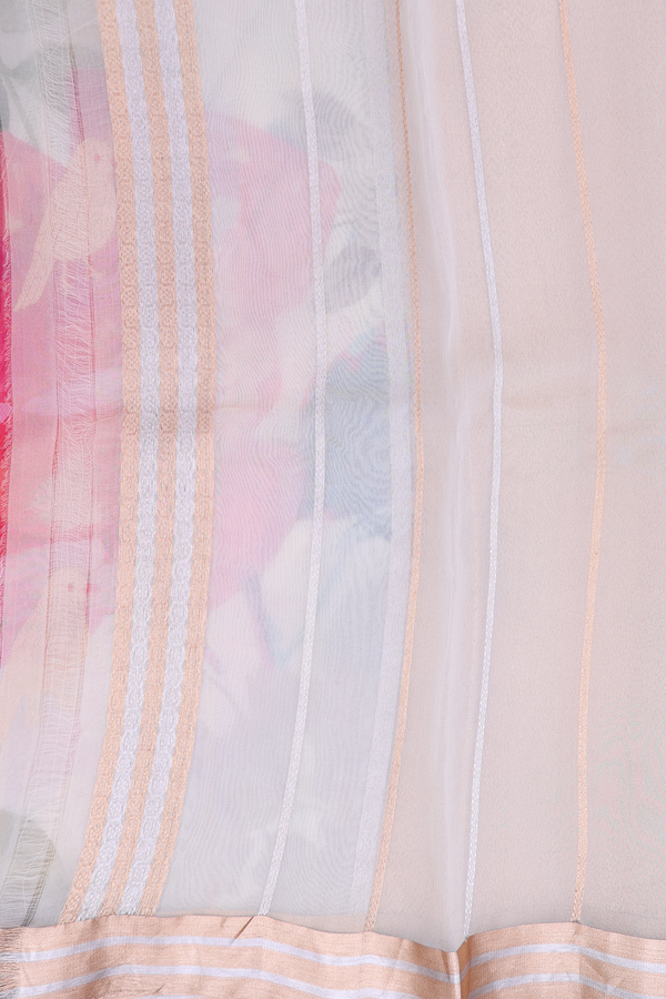 Organza Silk Saree In Off White With Bird Motifs