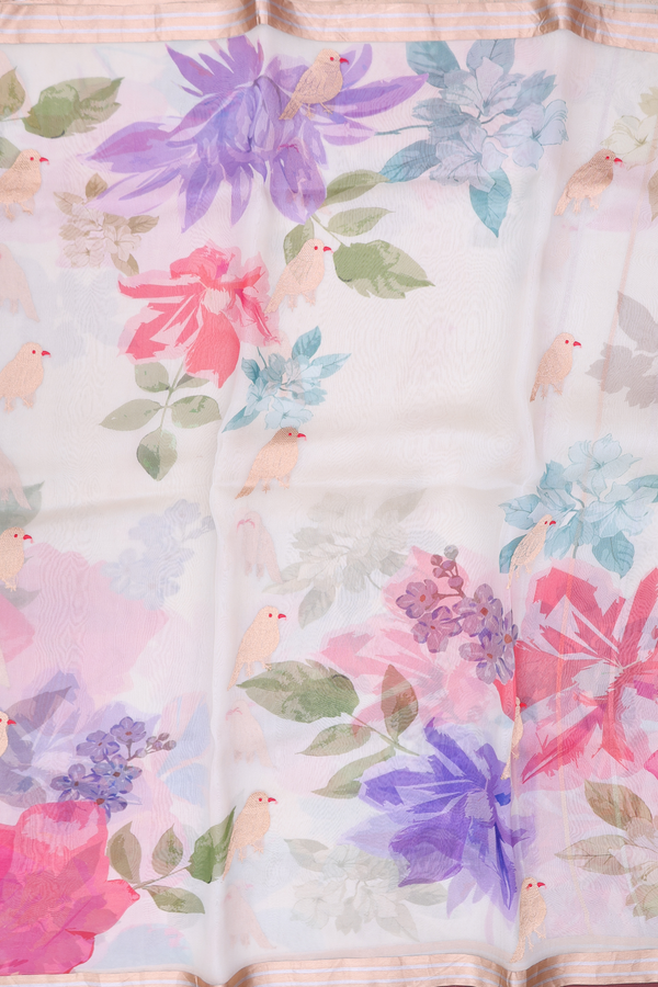 Organza Silk Saree In Off White With Bird Motifs