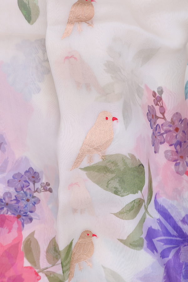 Organza Silk Saree In Off White With Bird Motifs