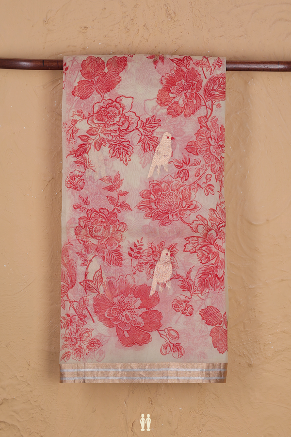 Organza Silk Saree In Cream Color With Floral Design