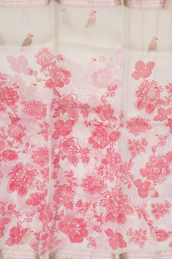 Organza Silk Saree In Cream Color With Floral Design