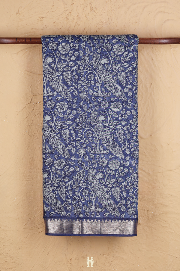 Chanderi Silk Cotton Saree In Blue With Peacock Design