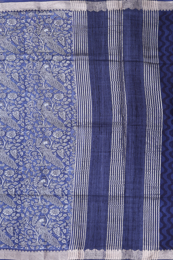 Chanderi Silk Cotton Saree In Blue With Peacock Design