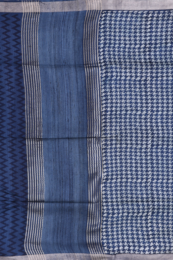 Tussar Silk Saree In Oxford Blue With Printed Design