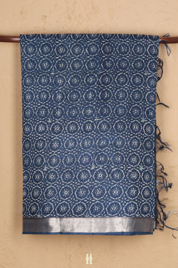 Tussar Silk Saree In Oxford Blue With Printed Design