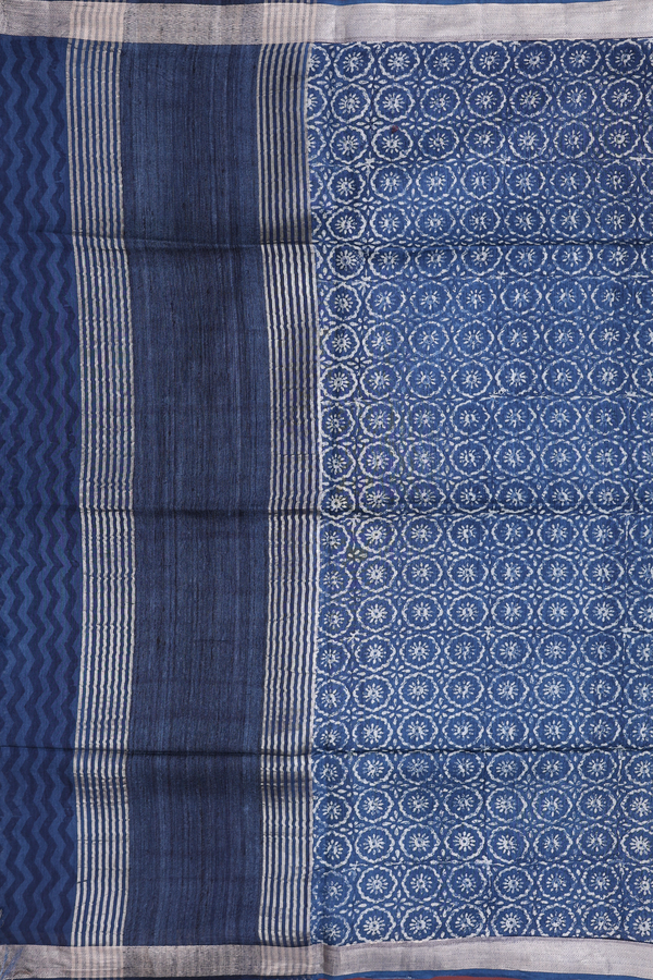 Tussar Silk Saree In Oxford Blue With Printed Design