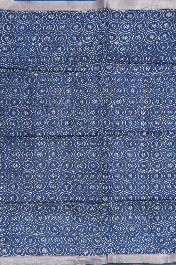 Tussar Silk Saree In Oxford Blue With Printed Design