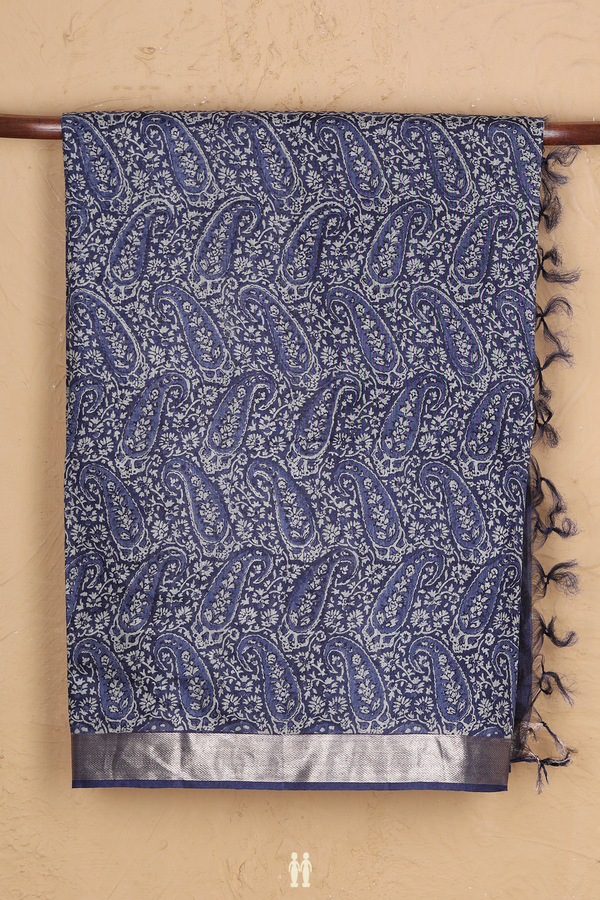 Tussar Silk Saree In Blue With Paisley Design