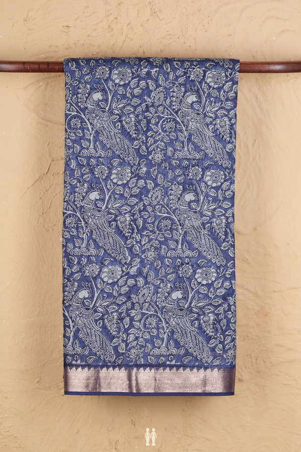 Chanderi Silk Cotton Saree In Blue With Peacock Design