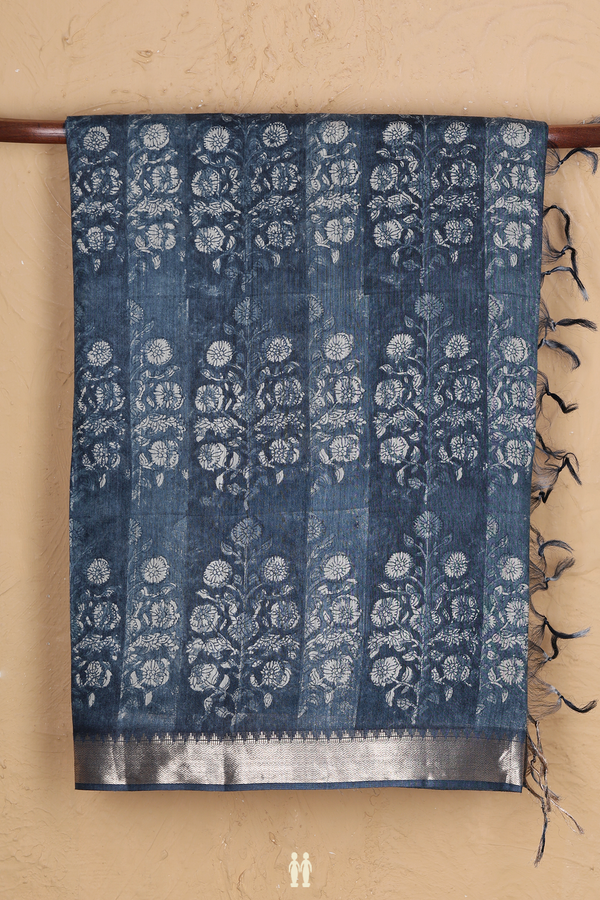 Tussar Silk Saree In Blue With Floral Printed Design