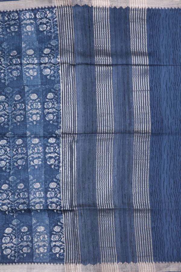 Tussar Silk Saree In Blue With Floral Printed Design