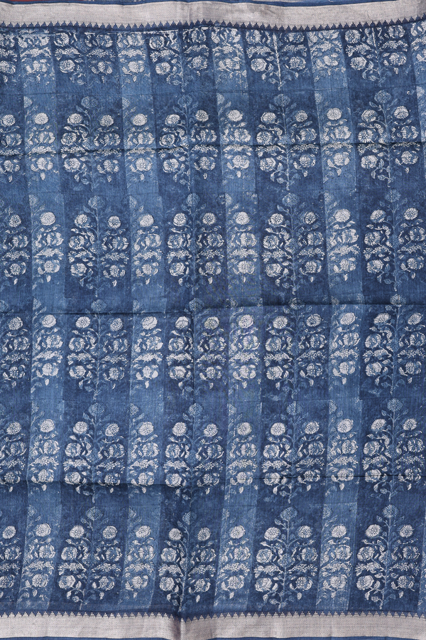 Tussar Silk Saree In Blue With Floral Printed Design