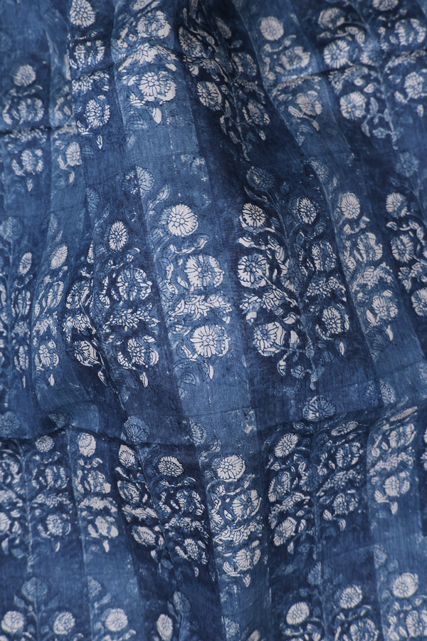 Tussar Silk Saree In Blue With Floral Printed Design